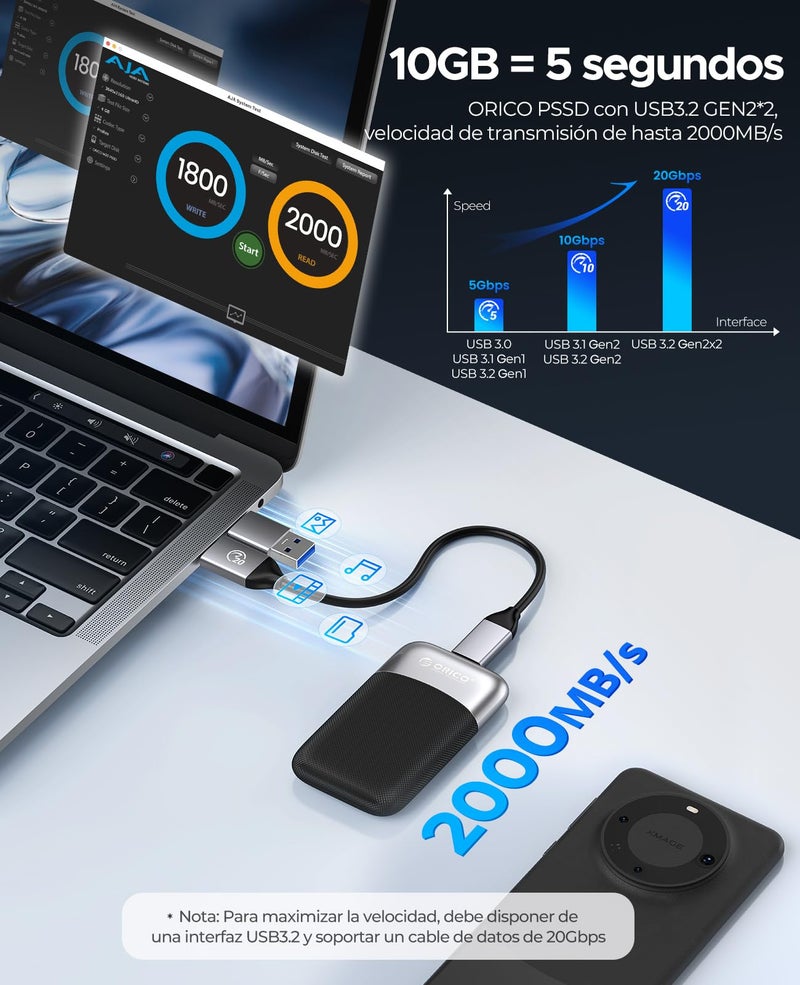 ORICO 512GB External SSD Up to 2000MB/s, Portable Solid State Drive with 20Gbps USB C&A Cable, Reliable Storage for Type-C Smartphone, Tablets, Laptops, USB 3.2 Gen 2x2- M20 - Image 2