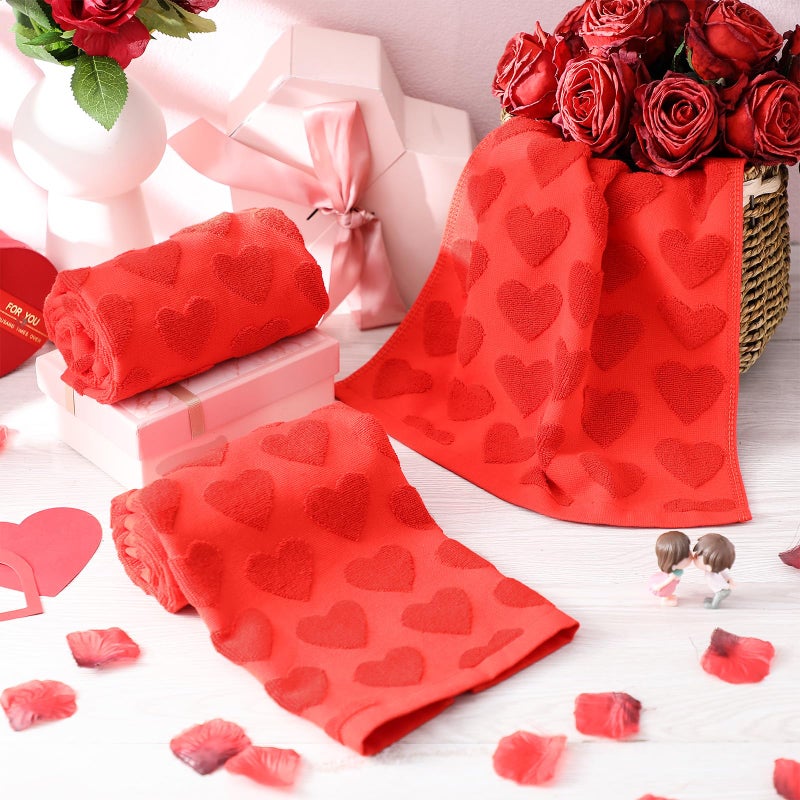 Oudain 3 Pcs 3D Jacquard Valentine's Day Hand Towels for Bathroom Valentine Red Heart Bath Towels 100% Cotton Decorative Soft Absorbent for Decorative Cooking Cleaning Drying, 29.5 x 13.7 Inch - Image 3