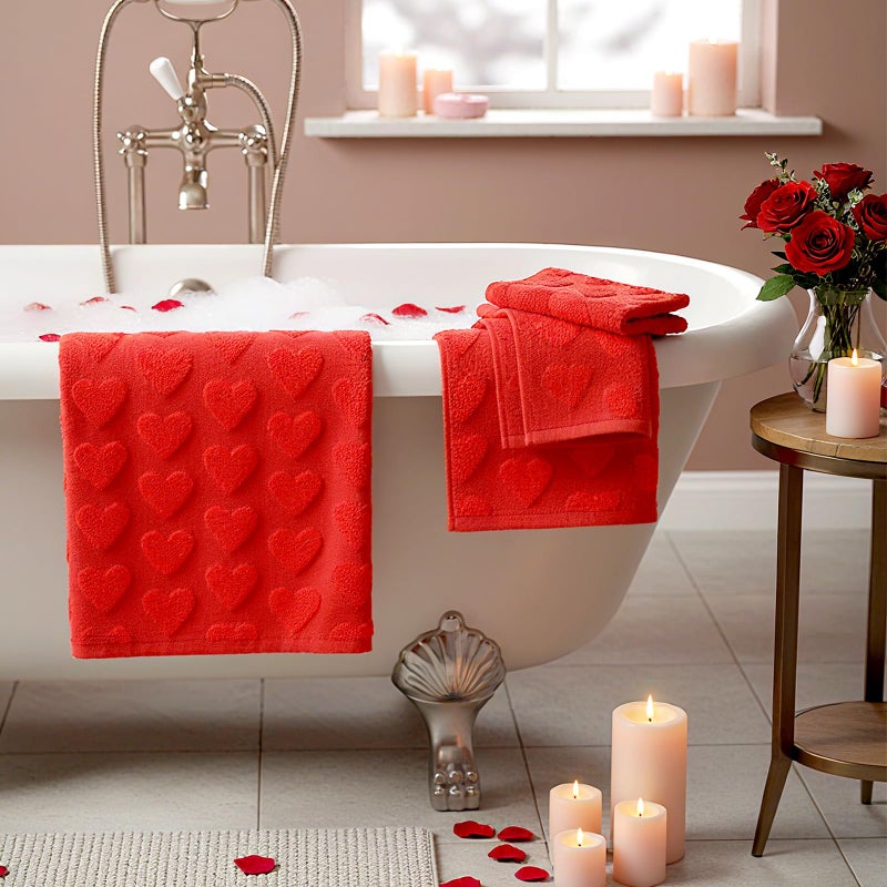Oudain 3 Pcs 3D Jacquard Valentine's Day Hand Towels for Bathroom Valentine Red Heart Bath Towels 100% Cotton Decorative Soft Absorbent for Decorative Cooking Cleaning Drying, 29.5 x 13.7 Inch - Image 4