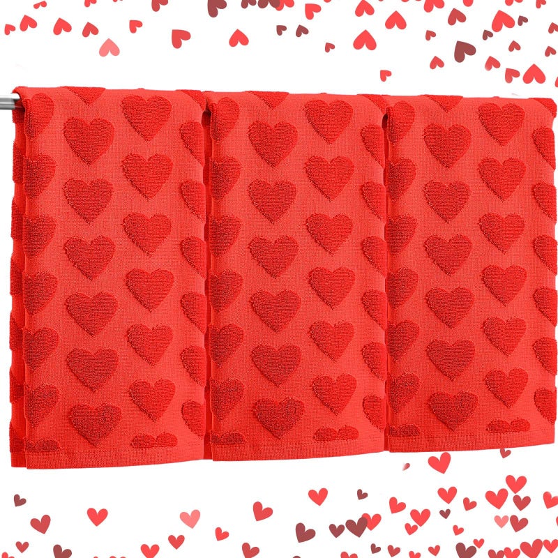 Oudain 3 Pcs 3D Jacquard Valentine's Day Hand Towels for Bathroom Valentine Red Heart Bath Towels 100% Cotton Decorative Soft Absorbent for Decorative Cooking Cleaning Drying, 29.5 x 13.7 Inch - Image 1