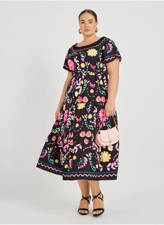 Styli Styli Pluss Size Printed Smocked Neckline Maxi Dress