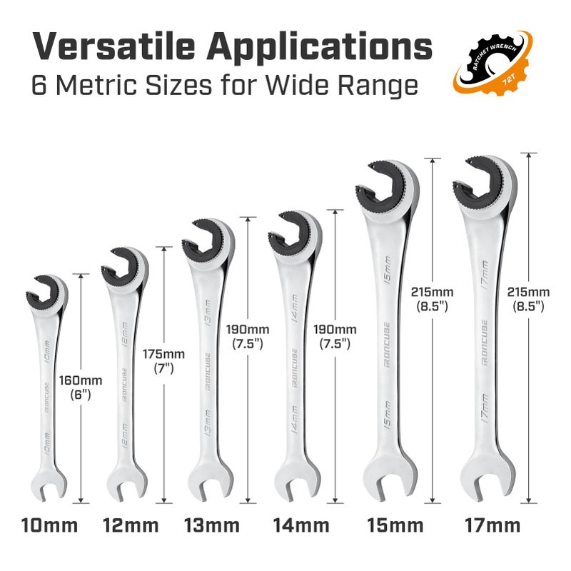 ironcube Brake Line Wrench Set: 6 Pcs Metric 10-17mm - Ratcheting Open-end for Nuts on Fuel, Brake or Air Conditioning Lines - Image 2
