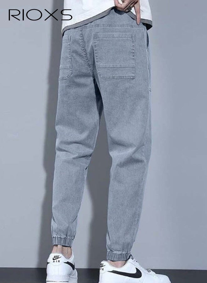 RIOXS Men's Casual Jeans With Loose Legs Teen Jogging Fashion Long Pants Elastic Waist Downstring Denim Pants with 4 Pockets - Image 2