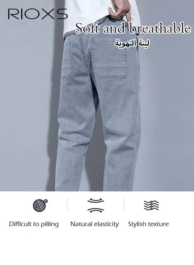 RIOXS Men's Casual Jeans With Loose Legs Teen Jogging Fashion Long Pants Elastic Waist Downstring Denim Pants with 4 Pockets - Image 4