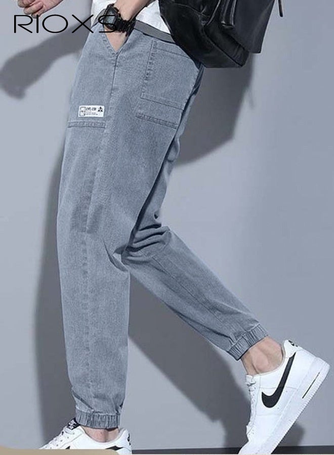 RIOXS Men's Casual Jeans With Loose Legs Teen Jogging Fashion Long Pants Elastic Waist Downstring Denim Pants with 4 Pockets - Image 1