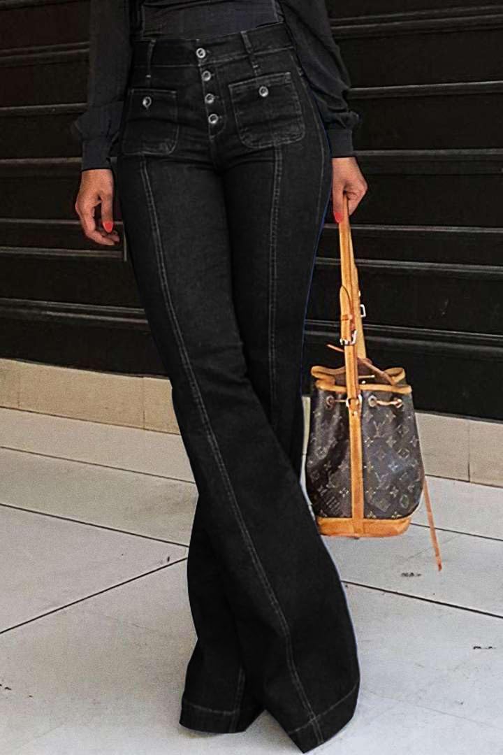yoeasy Women's Flare Bell Bottom High Waist Jeans Vintage Stretch Bootcut Denim Trouser with Pocket (Medium, Black) - Image 4