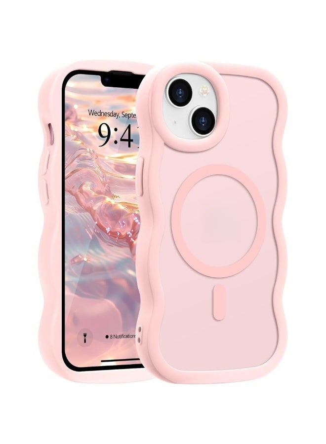 Stronger Magnetic For IPhone 14 Plus Case [Non-slip Grip] [Upgrade Strong Magnetic] Slim Protective Matte Silicone With Curly Wave Edges Translucent Back Pink - Image 1