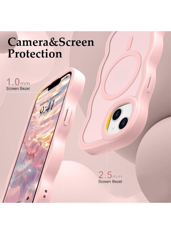 Stronger Magnetic For IPhone 14 Plus Case [Non-slip Grip] [Upgrade Strong Magnetic] Slim Protective Matte Silicone With Curly Wave Edges Translucent Back Pink - Image 4