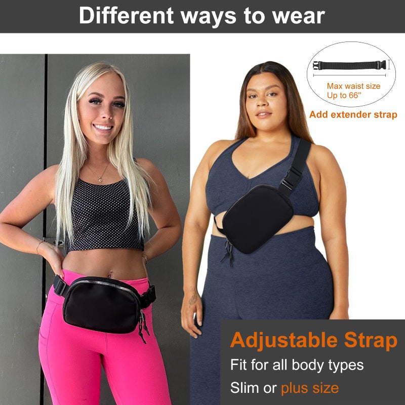 Fependu 2 Way Zipper Mini Belt Bag for Women, RFID Small Fanny Pack, Womens Fashion Waist Packs Purse with Extender Strap, Nylon Men Crossbody Bum Bags with Key Hook for Traveling Running, Black - Image 2
