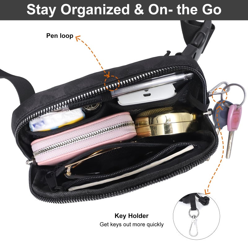 Fependu 2 Way Zipper Mini Belt Bag for Women, RFID Small Fanny Pack, Womens Fashion Waist Packs Purse with Extender Strap, Nylon Men Crossbody Bum Bags with Key Hook for Traveling Running, Black - Image 5