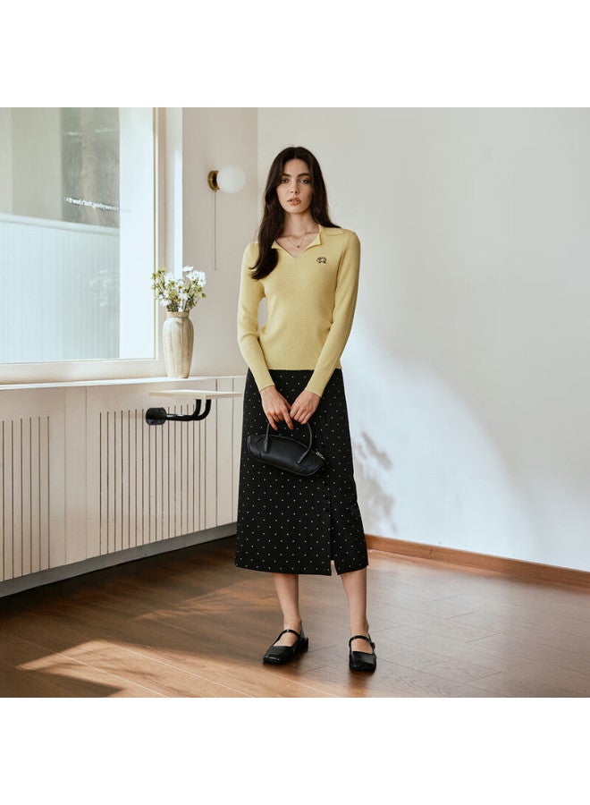 Oulain Commuter Collar Knit Pullover Sweater For Women, Autumn New Style Versatile Slimming Top, Yellow, Size S