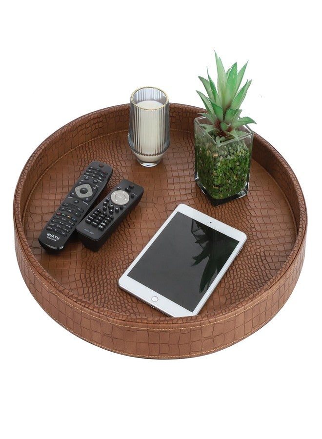 HofferRuffer Extra Large Round Serving Tray 20'', Elegant Oversized Faux Leather Circle Ottoman Table Tray, Serve Tea Coffee Breakfast in Bedroom Living Room Kitchen (Brown) - Image 3