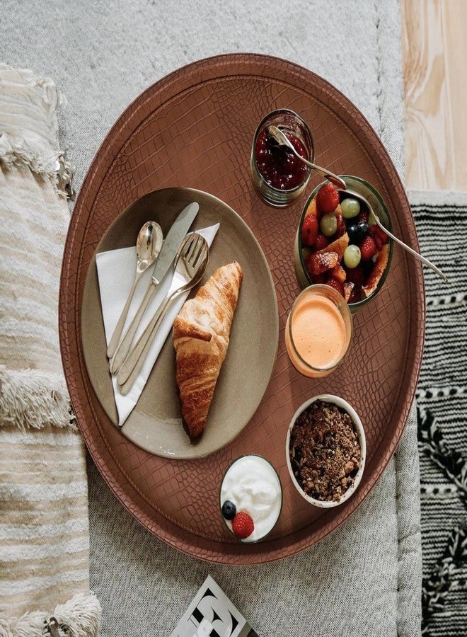 HofferRuffer Extra Large Round Serving Tray 20'', Elegant Oversized Faux Leather Circle Ottoman Table Tray, Serve Tea Coffee Breakfast in Bedroom Living Room Kitchen (Brown) - Image 4