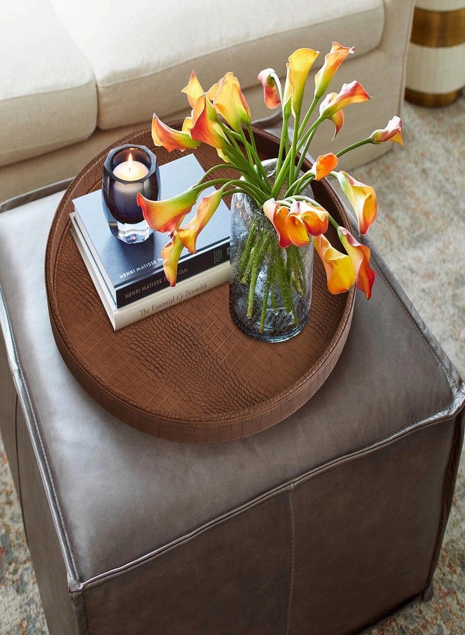 HofferRuffer Extra Large Round Serving Tray 20'', Elegant Oversized Faux Leather Circle Ottoman Table Tray, Serve Tea Coffee Breakfast in Bedroom Living Room Kitchen (Brown) - Image 5
