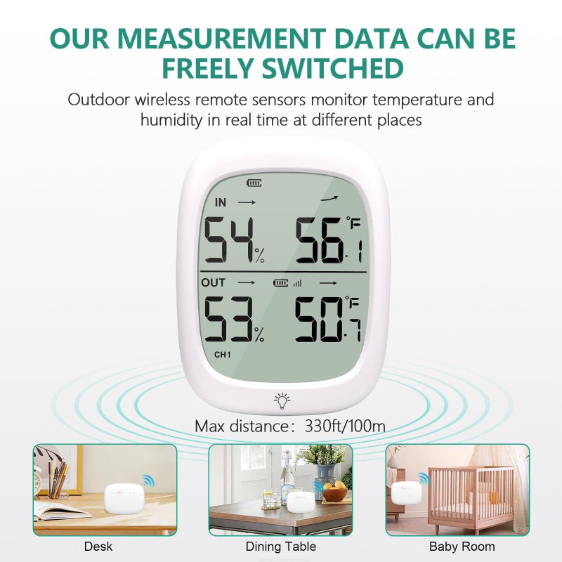 RUIKORING Wireless Outdoor Thermometer Hygrometer, 330ft Remote Range Digital Humidity Gauge, High Accuracy Temperature Monitor for Home, Greenhouse, Baby Room, Patio - Image 2
