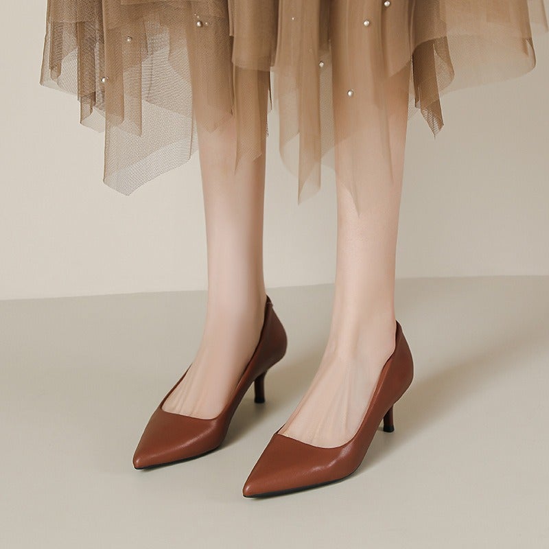 555-8 Nude High Heels for Women, French Style Soft Leather Pointed Toe Office Shoes