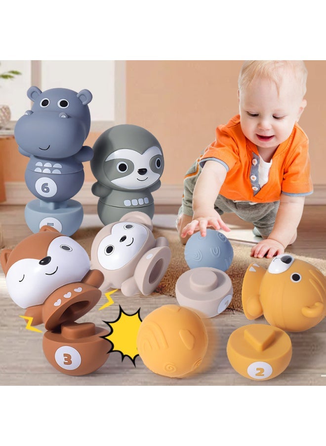 Baby Jengle Bowling Soft Rubber Building Blocks Suit Children Montessori Shape Cognitive Educational Toys-Color:Six Animals +2 Balls (English Color Box) - Image 2