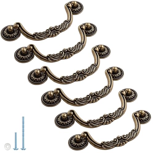 ESreake 6PCS Antique Bronze Drop Bail Pulls,Vintage Carved Cabinet Pulls Handles,3.8" Hole Centers Retro Drawer Knob,Texture on Handle for Drawer Dresser Closet with Screws (Small 3.8" Hole Centers) - Image 1
