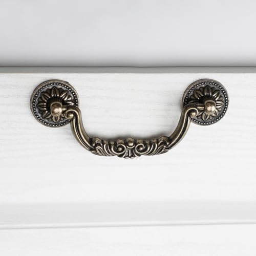 ESreake 6PCS Antique Bronze Drop Bail Pulls,Vintage Carved Cabinet Pulls Handles,3.8" Hole Centers Retro Drawer Knob,Texture on Handle for Drawer Dresser Closet with Screws (Small 3.8" Hole Centers) - Image 3