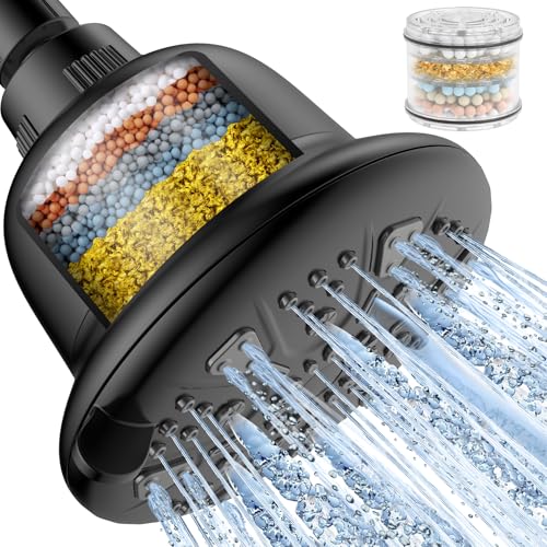 MakeFit Filtered Shower Head Matte Black- High Pressure Shower Head with filter for Hard Water - Rain Shower Head Water Softener - Luxury 7 Settings Adjustable Water Filter Showerhead (Matte Black) - Image 1