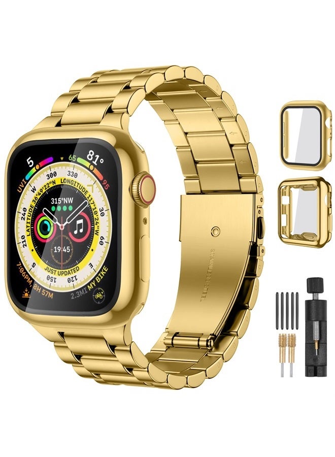 Lerobo Compatible for Apple Watch Band 40mm 41mm 38mm 42mm 44mm 45mm,Stainless Steel Metal Business Strap Accessories with 2 Pack Screen Protective Cases for iWatch Series 8 7 6 5 4 3 2 1 SE/SE2 Gold - Image 1