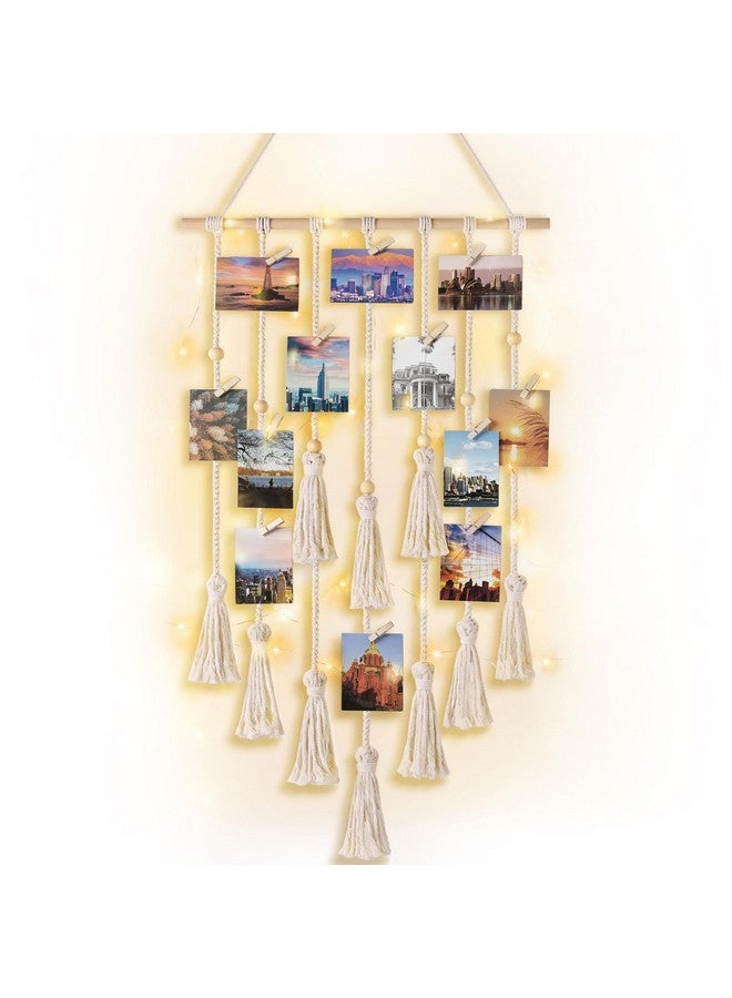 Mkono Mkono Hanging Photo Display Boho Macrame Wall Decor with Light, Teen Girl Teenage Gifts, Pictures Cards Frame Holder Art Hanger for Christmas Birthday Party Bedroom Dorm, with 30 Wood Clips, Ivory  - Image 1