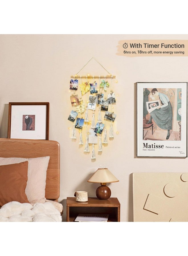 Mkono Mkono Hanging Photo Display Boho Macrame Wall Decor with Light, Teen Girl Teenage Gifts, Pictures Cards Frame Holder Art Hanger for Christmas Birthday Party Bedroom Dorm, with 30 Wood Clips, Ivory  - Image 2