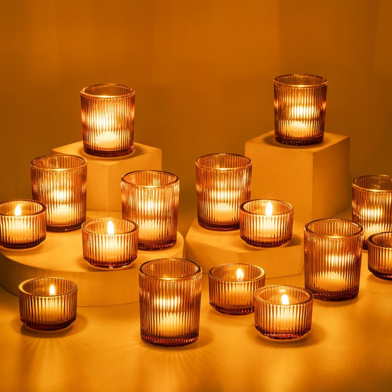 Glasseam Amber Tealight Candle Holders 24pcs Ribbed Small Votive Holders Bulk for Thanksgiving Table Centerpiece Fall Wedding Christmas Decor