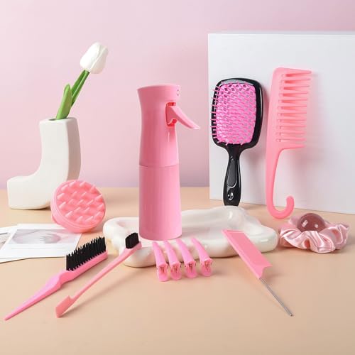 SUPHOUSE 12 Pcs Hair Brush Set with Hair Spray Bottle for Toddlers, Women, Detangling Brush for Wet Dry Curly Hair, Edge Bristles Wide Tooth Rat Tail Combs for Baby Girls (pink) - Image 2