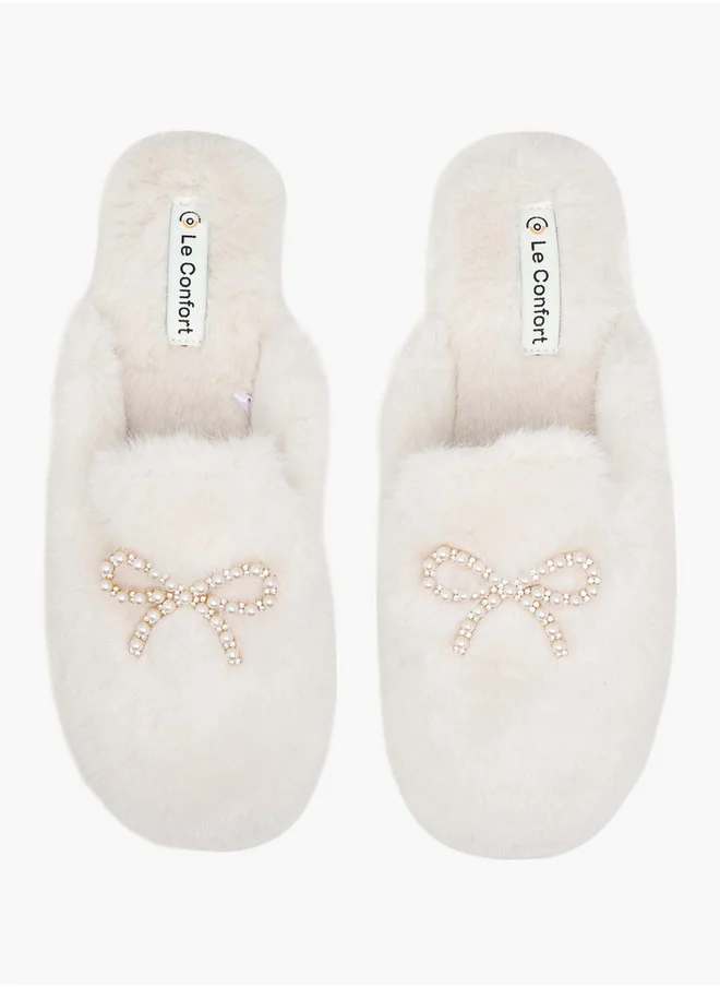 لو كونفورت Women's Bow Embellished Faux Fur Bedroom Mules