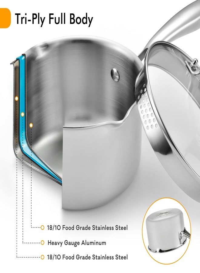 Cyrosa قدر صلصة من الفولاذ المقاوم للصدأ مع غطاء زجاجي، قدر صلصة متعدد الأغراض سعة 3.5 كوارت، وعاء صلصة - لسهولة الصب مع مقبض مريح - Image 4