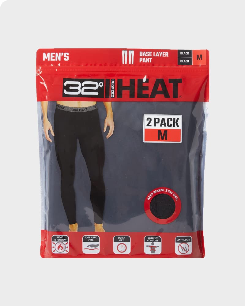 32 Degrees Men's 2-Pack Performance Lightweight Thermal Baselayer Legging Pant, Black/Black, Large - Image 2