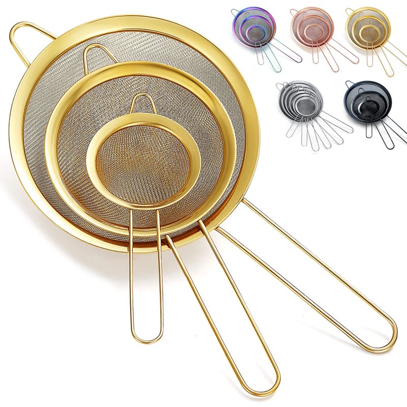 Kyraton Gold Fine Mesh Strainer 3 Pieces Set Golden Flour Sifter For Baking Stainless Steel Clander Matcha Tea Strainer Gravy Separator Stasher Sieve Pasta Strainers