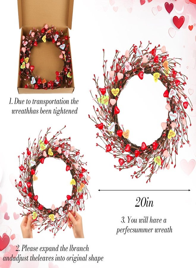 Lebaley 20inch Valentine's Day Wreath - Artificial Pink Wreath with Colorful Love Heart and Berries,Valentines Wreaths Decorations for Front Door Wedding Anniversary Party Candlelight Dinner Decorations - Image 4