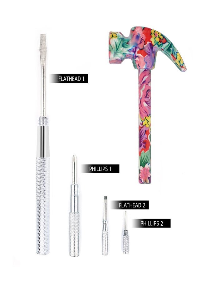 YOUMI 6 in 1 Multifunctional Floral Hammer & Screwdriver Tool Set Claw Hammer with Slotted/Flat Head Phillips Screwdriver Nail Puller Best Christmas Thanksgiving Halloween Gift for Her(Pink) - Image 3