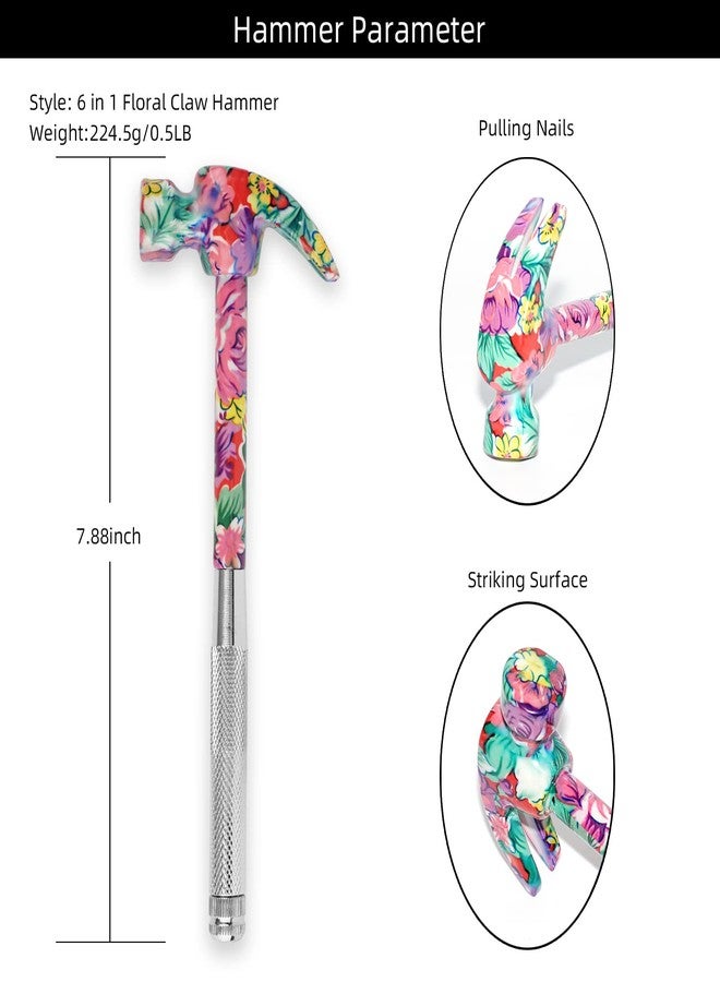 YOUMI 6 in 1 Multifunctional Floral Hammer & Screwdriver Tool Set Claw Hammer with Slotted/Flat Head Phillips Screwdriver Nail Puller Best Christmas Thanksgiving Halloween Gift for Her(Pink) - Image 2