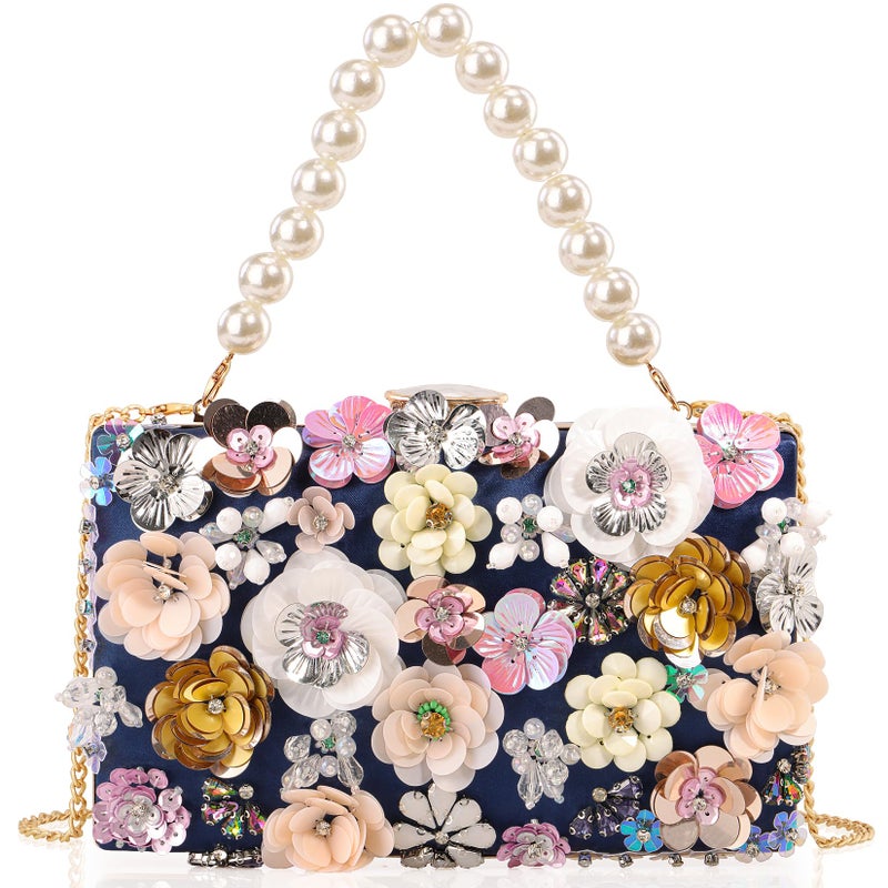 DEXMAY DM DEXMAY Women's Elegant Floral Beaded Evening Clutch Purse with Dual Detachable Straps,3D Flowers Handbag for Wedding,Party,Prom,Navy Blue - Image 1