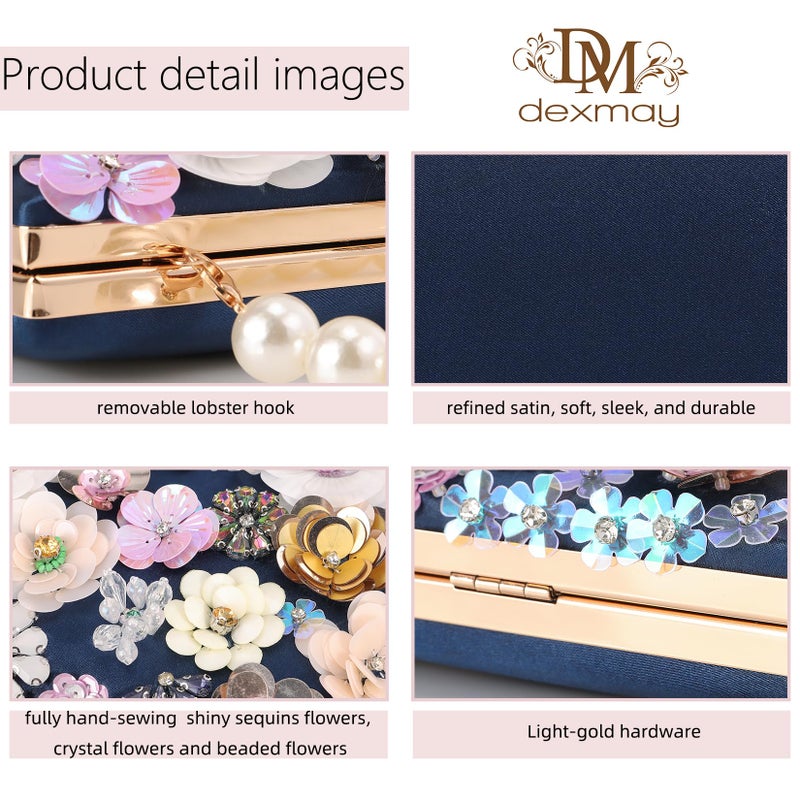 DEXMAY DM DEXMAY Women's Elegant Floral Beaded Evening Clutch Purse with Dual Detachable Straps,3D Flowers Handbag for Wedding,Party,Prom,Navy Blue - Image 5