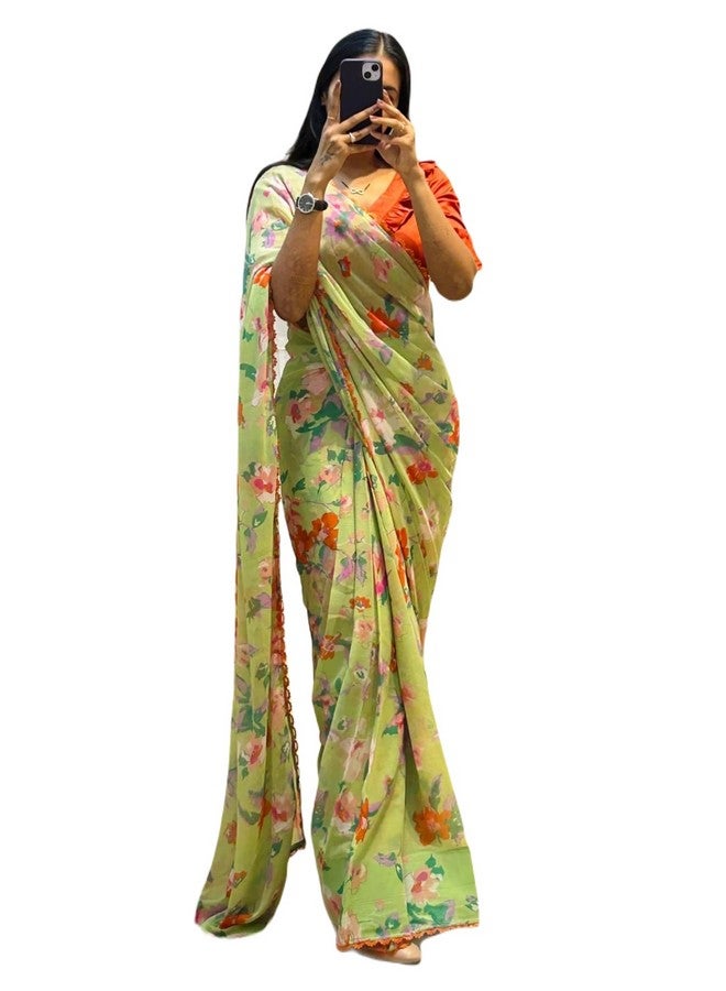 Sidhidata Sidhidata Women's Georgette Floral Printed Ready To Wear One Minute Saree With Unstitched Blouse Piece (RTW Kooki Light Green_Light Green_Free Size) - Image 1