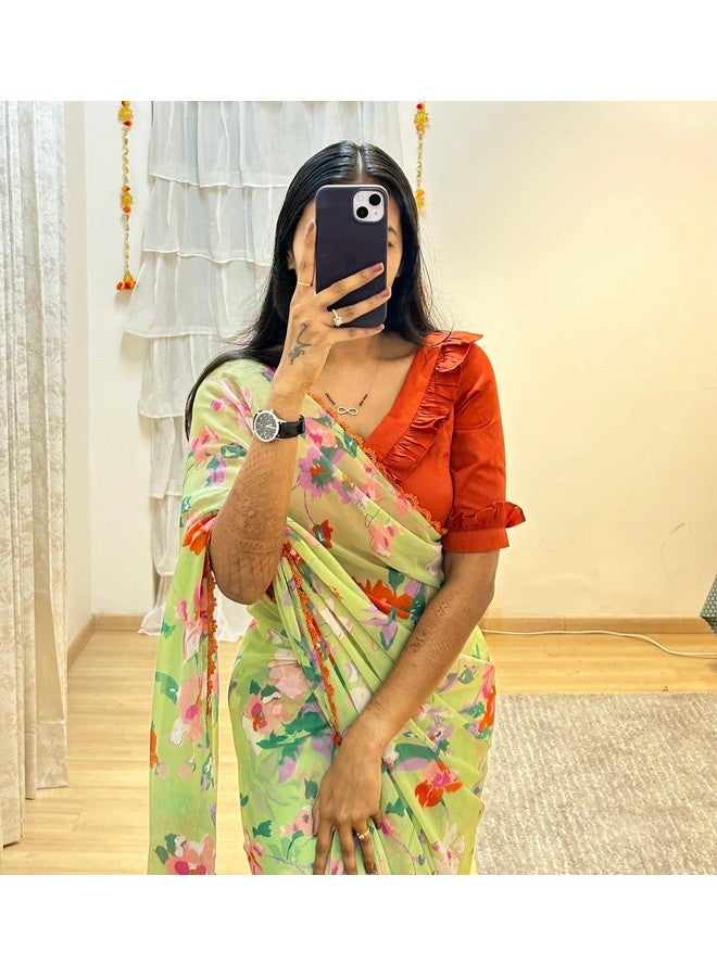 Sidhidata Sidhidata Women's Georgette Floral Printed Ready To Wear One Minute Saree With Unstitched Blouse Piece (RTW Kooki Light Green_Light Green_Free Size) - Image 2