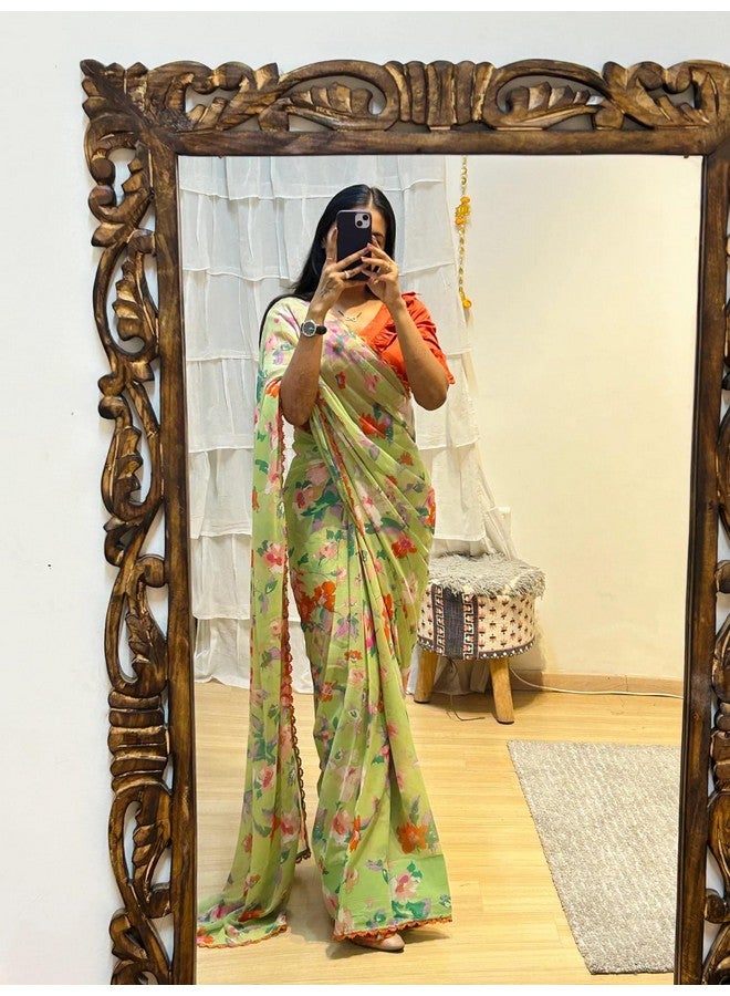 Sidhidata Sidhidata Women's Georgette Floral Printed Ready To Wear One Minute Saree With Unstitched Blouse Piece (RTW Kooki Light Green_Light Green_Free Size) - Image 3