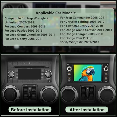Vratzn Android 13 Car Radio Stereo for Jeep Wrangler JK 2007-2018 Dodge RAM 1500 2500 3500 2009-2012 4 Core CPU 2G RAM 64G ROM with Wireless CarPlay/Android Auto/GPS/HD Backup Camera/Bluetooth - Image 2
