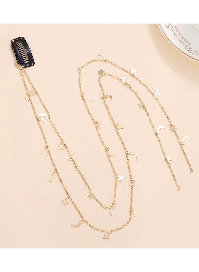 خاجول مشبك شعر معدني بطول 50 سم مع سلسلة نجمة وقمر، إكسسوار شعر أنيق للنساء، مناسب للحفلات والمهرجانات (ذهبي) - Image 2