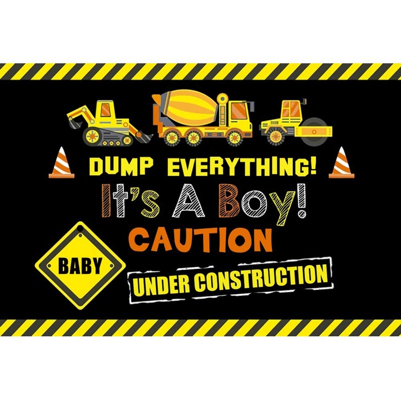 DORCEV 7x5ft Construction Site Theme Photography Backdrop Yellow Black Warning Line Dump Truck Boy Baby Shower Party Background Cake Table Decoration Photo Studio Props