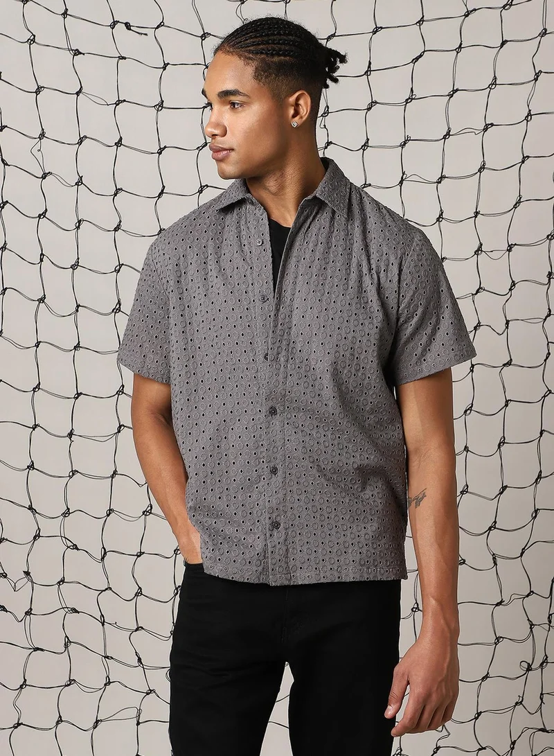 Hubberholme Men's Grey 100% Cotton Embroidered Button Down Shirt