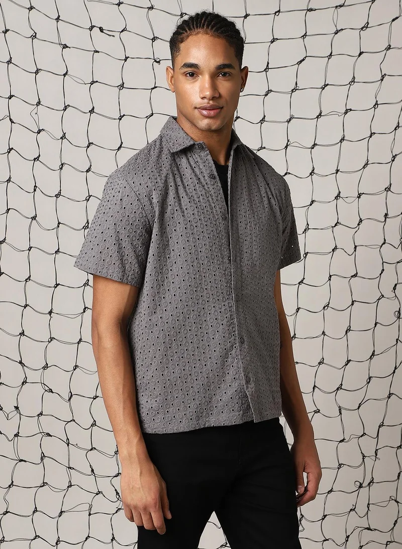 Hubberholme Men's Grey 100% Cotton Embroidered Button Down Shirt