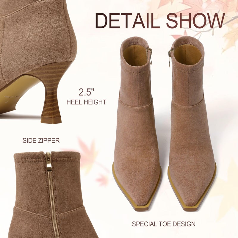 Atsroel Brown Suede Fall Boots For Women Side Zip Ankle Boots Pointed Toe Mid Calf Boots Comfy Kitten Heel Boots Dressy Short Boots - Image 2