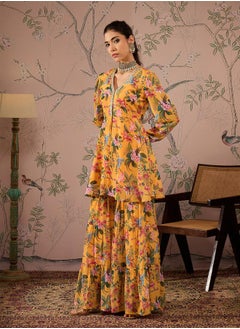 SASSAFRAS Floral Print N-Neck Peplum Top with Sharara Pants Set by Styli  - Image 3