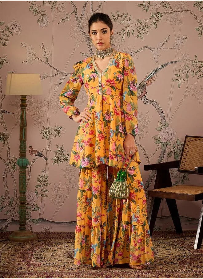SASSAFRAS Floral Print N-Neck Peplum Top with Sharara Pants Set by Styli