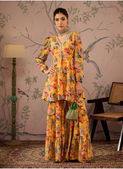 SASSAFRAS Floral Print N-Neck Peplum Top with Sharara Pants Set by Styli  - Image 1